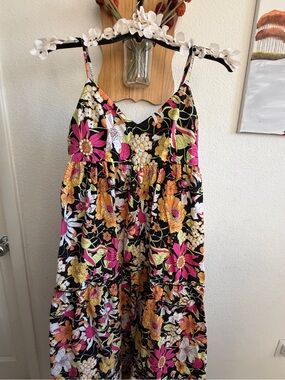 Forever 21 Black Floral Tiered Sundress with Pink and Yellow Flowers